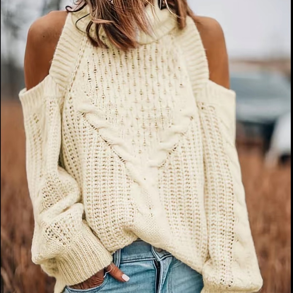 Turtleneck Cold Shoulder Casual Loose Long Sleeve Sweater